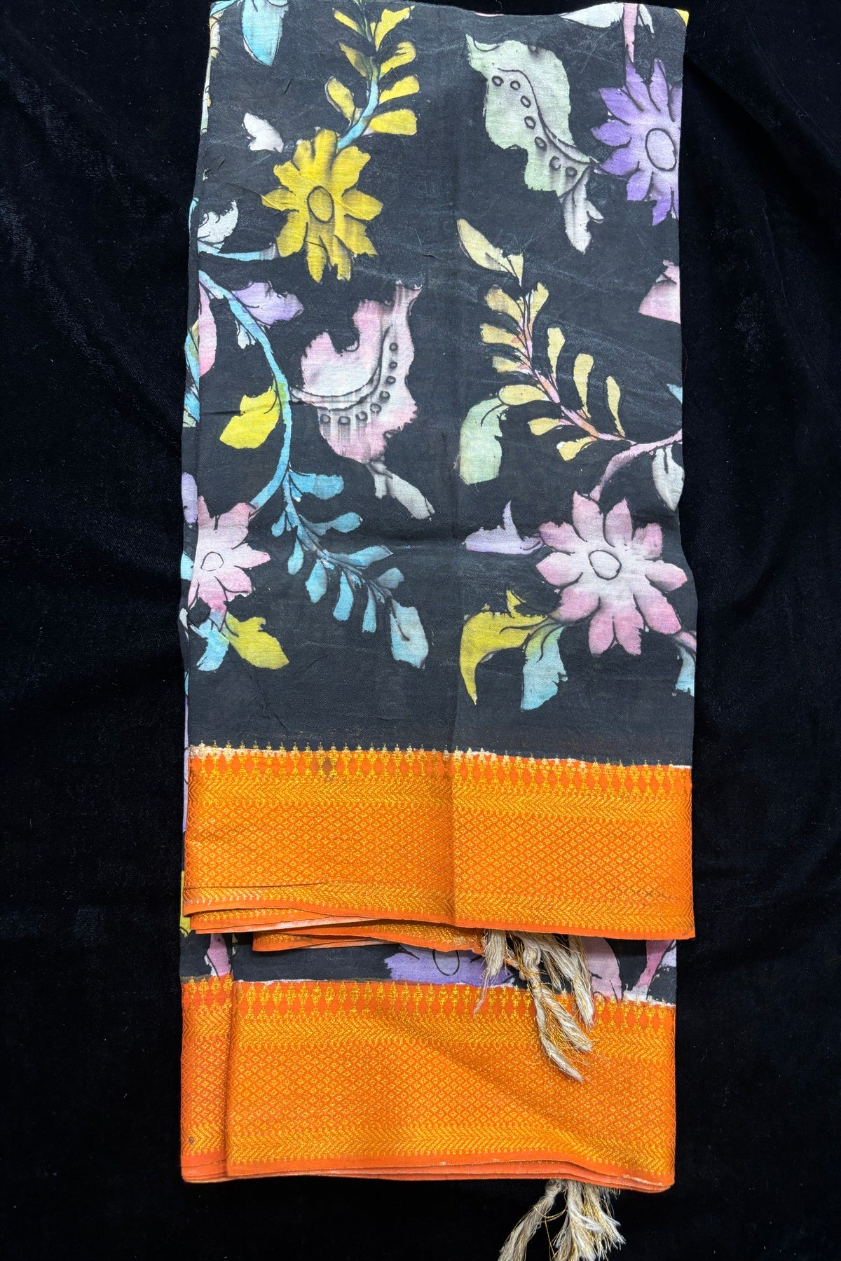 Black Color Pure Pen Kalamkari Hand Painted Silk Dupatta With Orange Brocade Border