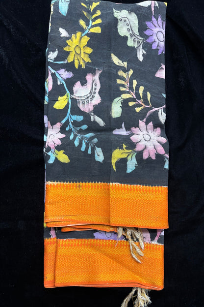 Black Color Pure Pen Kalamkari Hand Painted Silk Dupatta With Orange Brocade Border