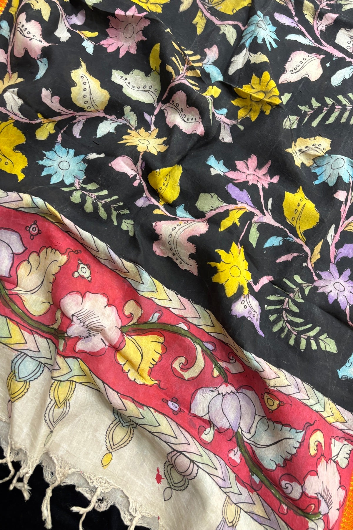 Black Color Pure Pen Kalamkari Hand Painted Silk Dupatta With Orange Brocade Border