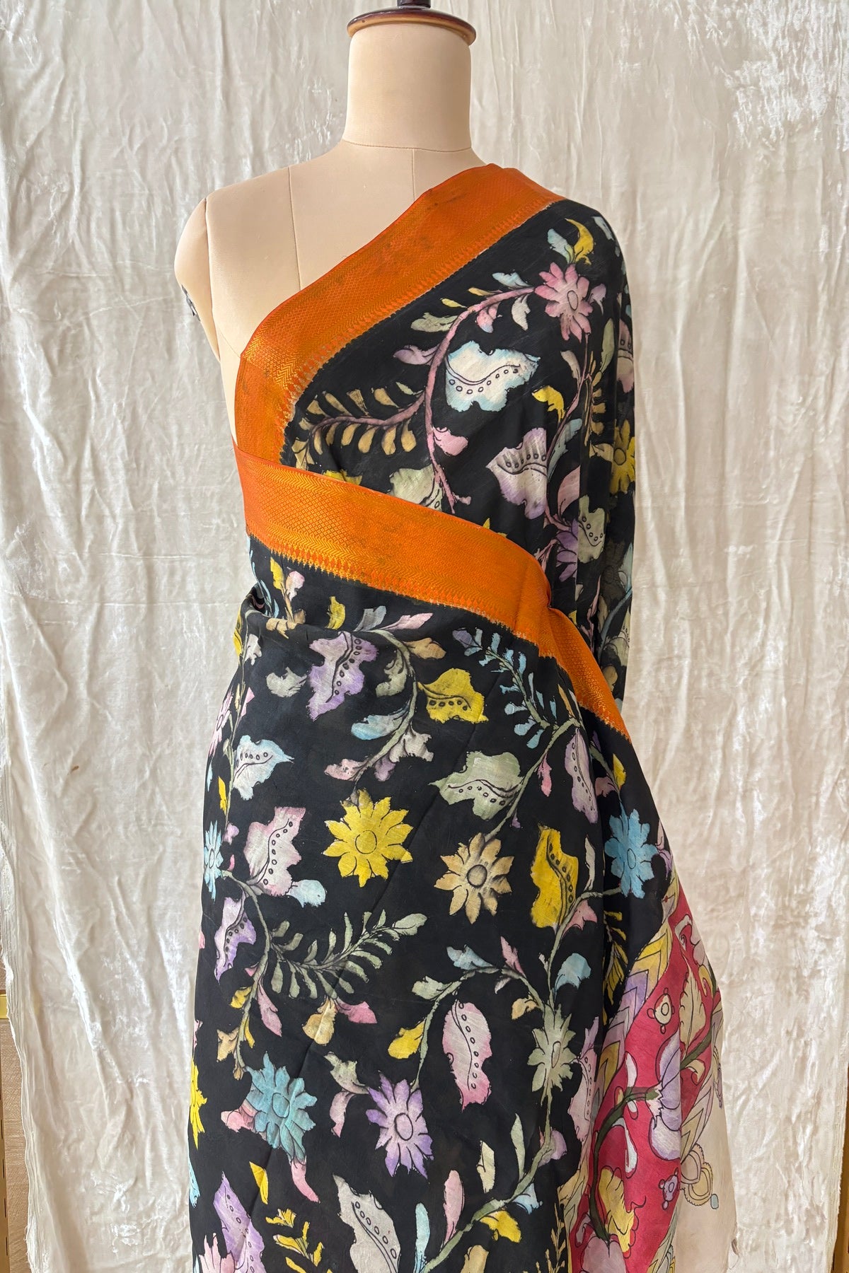 Black Color Pure Pen Kalamkari Hand Painted Silk Dupatta With Orange Brocade Border