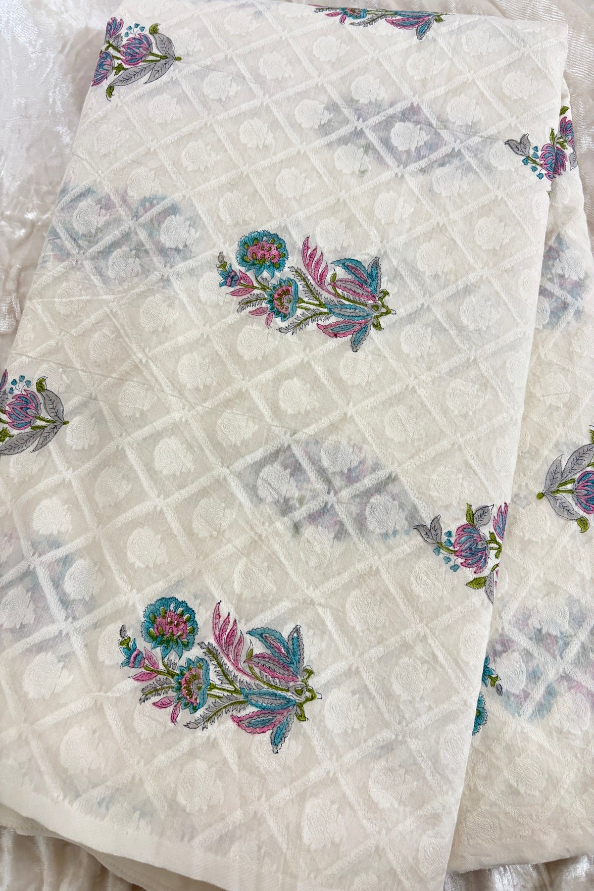 Green & Blue Shaded Mughal Printed Chanderi Jacquard Fabric