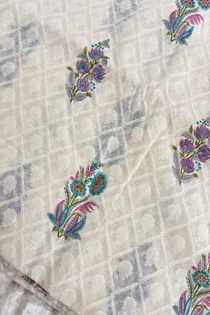 Green & Blue Shaded Mughal Printed Chanderi Jacquard Fabric