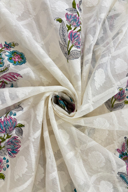 Green & Blue Shaded Mughal Printed Chanderi Jacquard Fabric