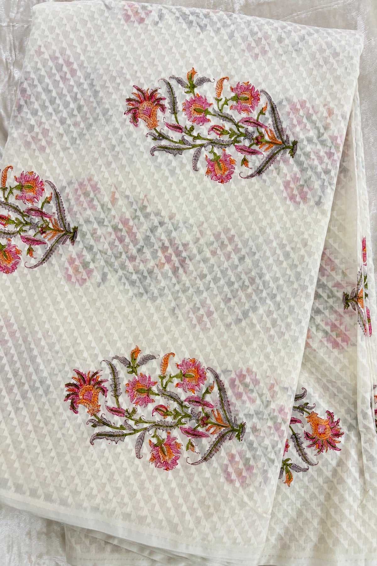 Pinks & Orange Shaded Mughal Printed Chanderi Jacquard Fabric