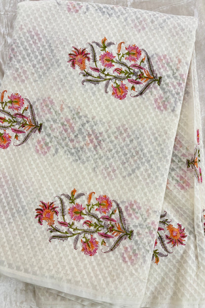 Pinks & Orange Shaded Mughal Printed Chanderi Jacquard Fabric