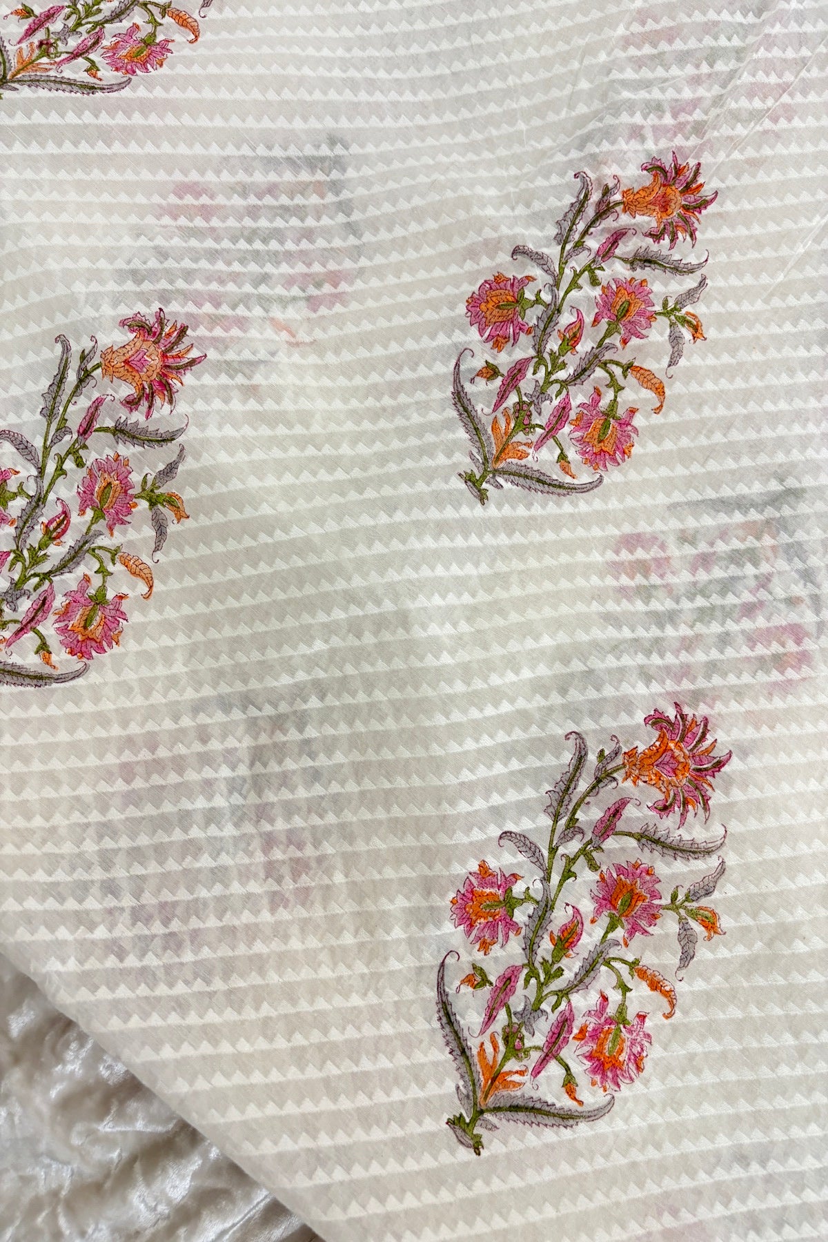 Pinks & Orange Shaded Mughal Printed Chanderi Jacquard Fabric