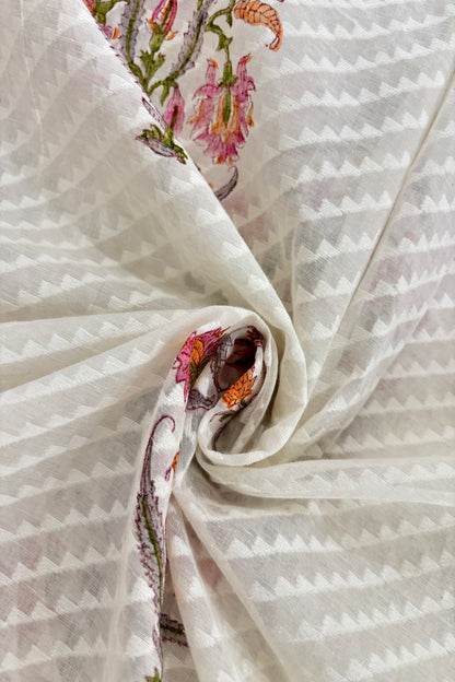 Pinks & Orange Shaded Mughal Printed Chanderi Jacquard Fabric
