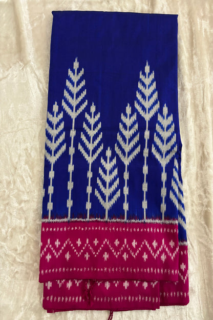 Royal Blue Chevron Tree Motif With Pink Border Handwoven Pure Silk Ikkat Dupatta