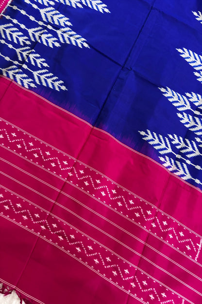 Royal Blue Chevron Tree Motif With Pink Border Handwoven Pure Silk Ikkat Dupatta