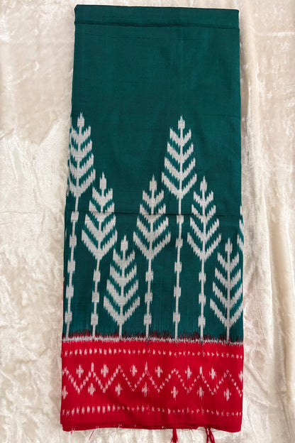 Rama Green Chevron Tree Motif With Red Border Handwoven Pure Silk Ikkat Dupatta