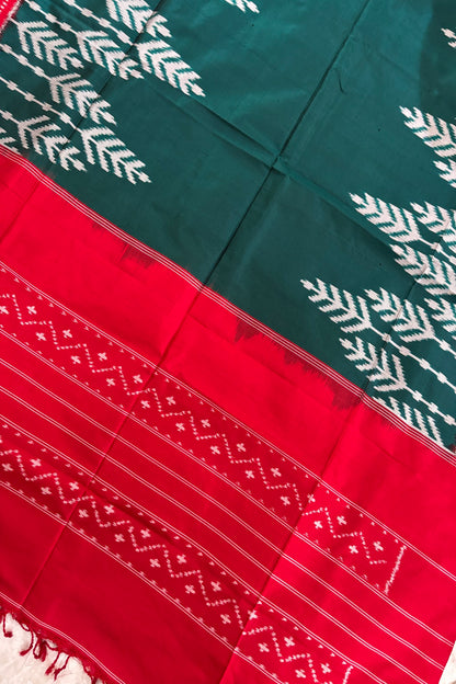 Rama Green Chevron Tree Motif With Red Border Handwoven Pure Silk Ikkat Dupatta