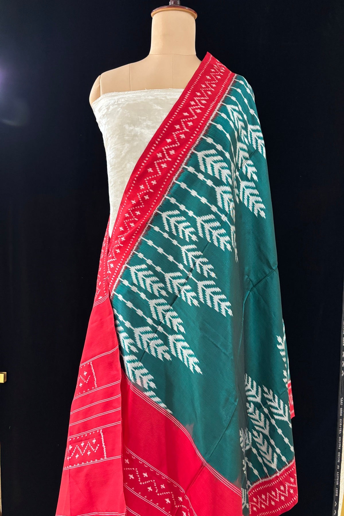 Rama Green Chevron Tree Motif With Red Border Handwoven Pure Silk Ikkat Dupatta