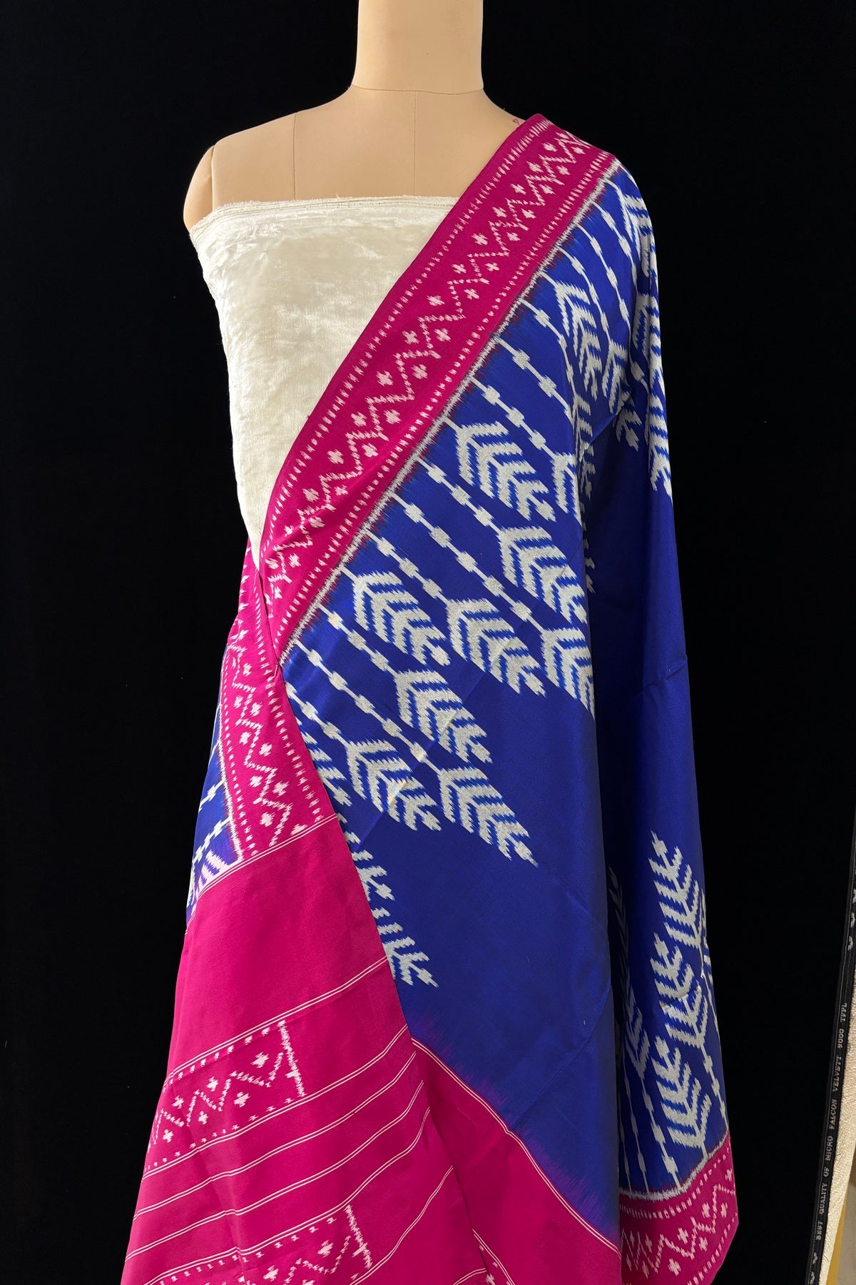 Royal Blue Chevron Tree Motif With Pink Border Handwoven Pure Silk Ikkat Dupatta