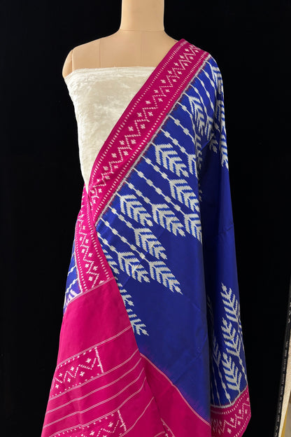Royal Blue Chevron Tree Motif With Pink Border Handwoven Pure Silk Ikkat Dupatta