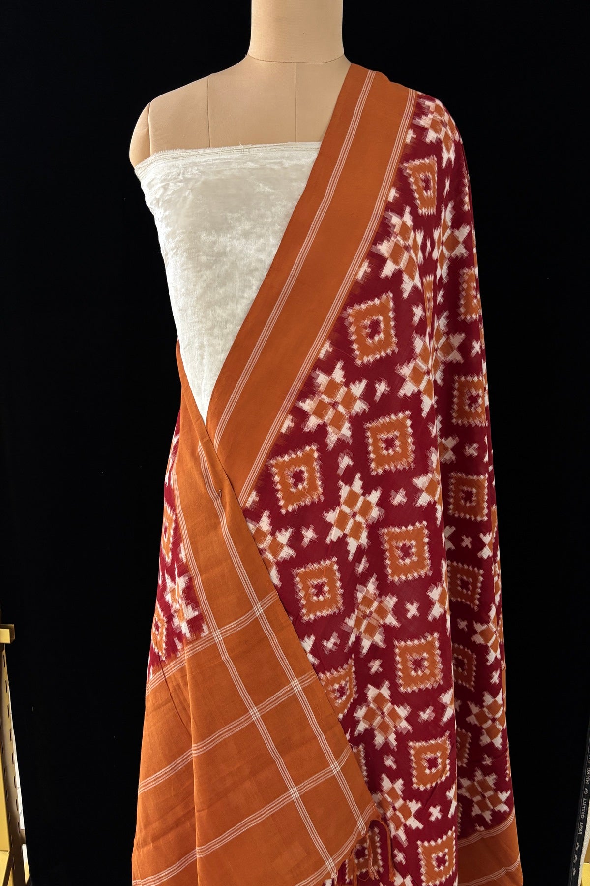 Rust With Mustard Yellow Plain Bordered Geometric Pattern Teliyarumal Double Ikkat Dupatta