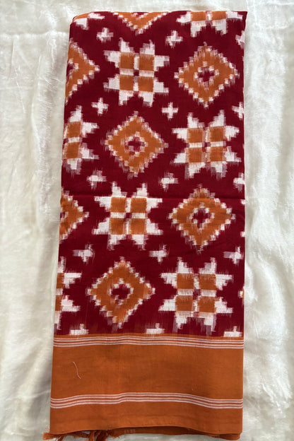 Rust With Mustard Yellow Plain Bordered Geometric Pattern Teliyarumal Double Ikkat Dupatta