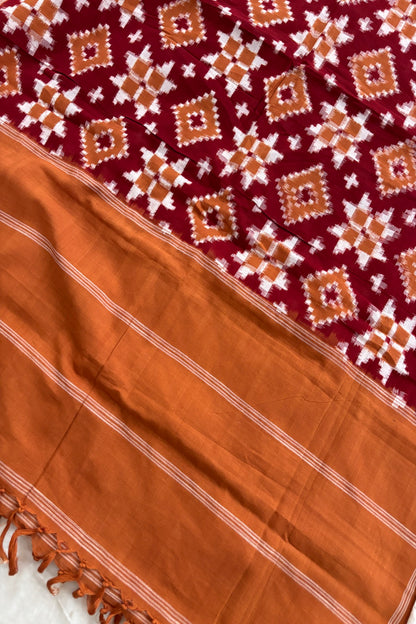 Rust With Mustard Yellow Plain Bordered Geometric Pattern Teliyarumal Double Ikkat Dupatta