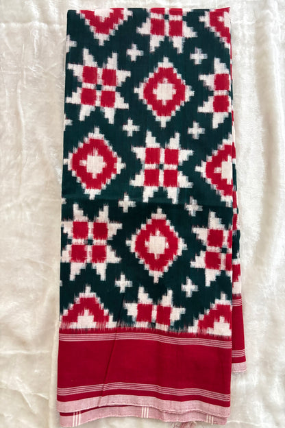 Bottle Green With Red Plain Bordered Geometric Pattern Teliyarumal Double Ikkat Dupatta