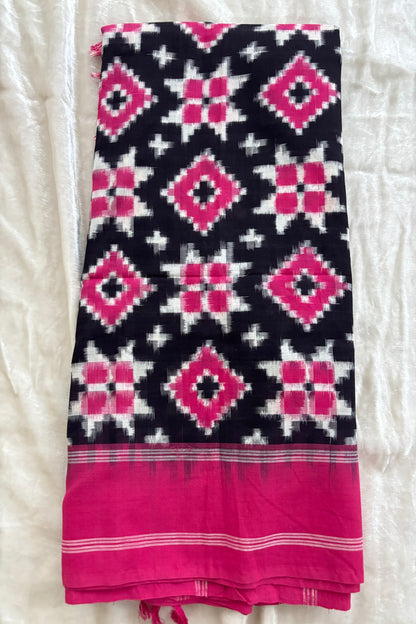 Black With Pink Plain Bordered Geometric Pattern Teliyarumal Double Ikkat Dupatta