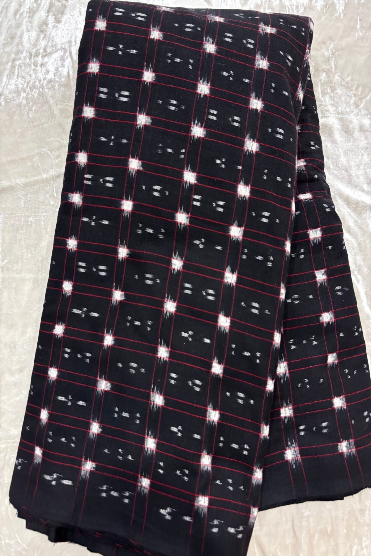 Double Ikkat Motifs In Checkered Geometric Squared Pure Cotton Fabric