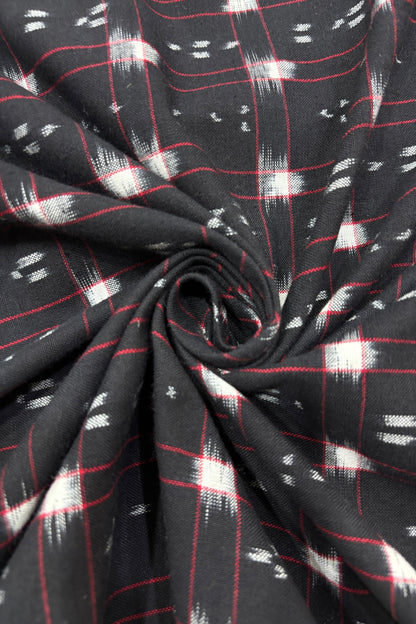 Double Ikkat Motifs In Checkered Geometric Squared Pure Cotton Fabric