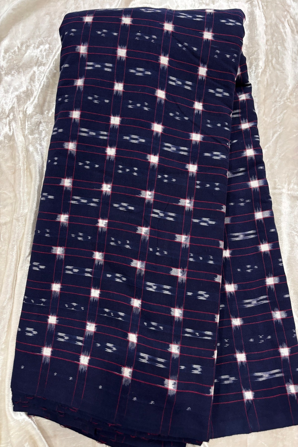 Double Ikkat Motifs In Checkered Geometric Squared Pure Cotton Fabric
