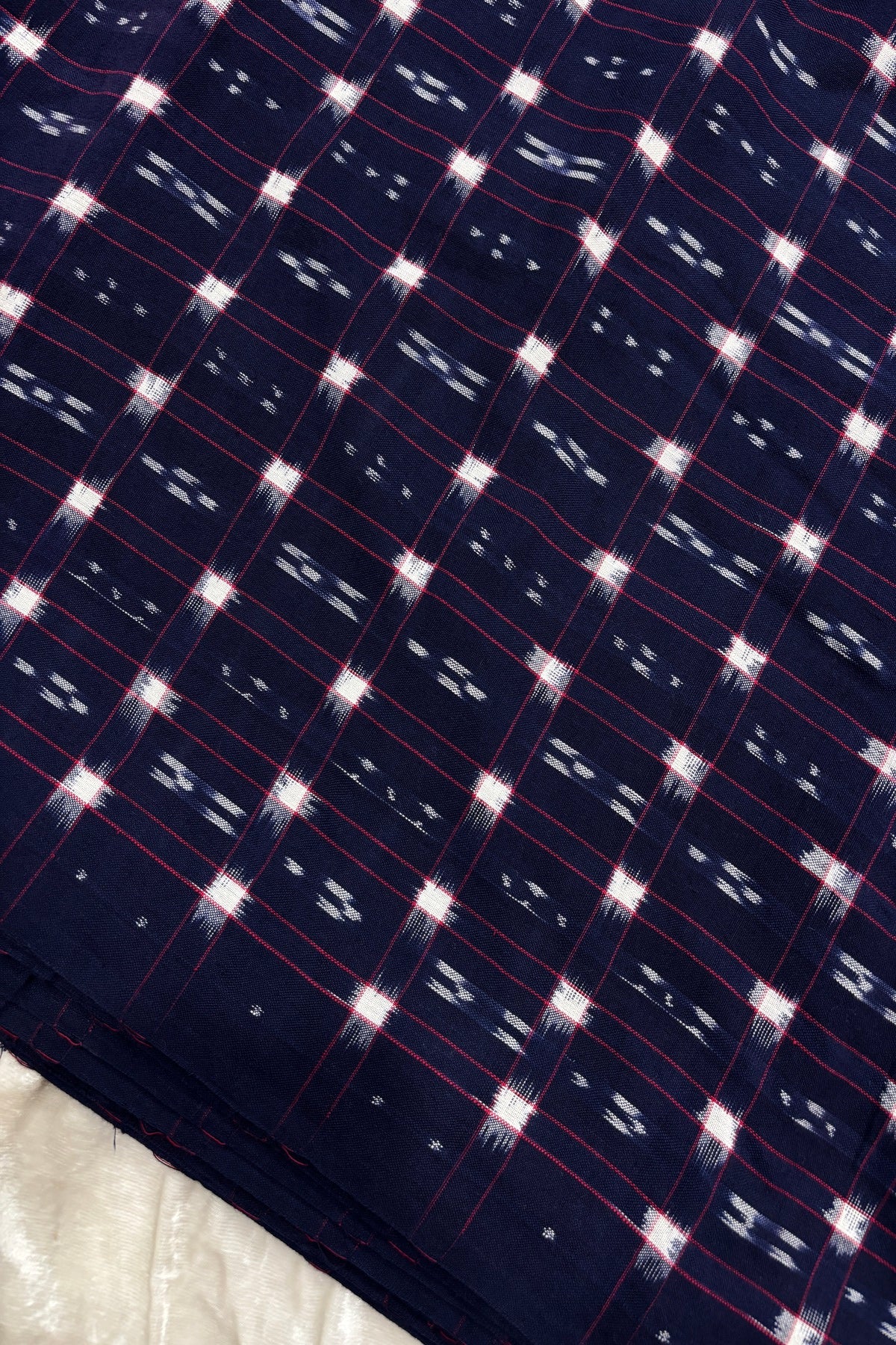 Double Ikkat Motifs In Checkered Geometric Squared Pure Cotton Fabric