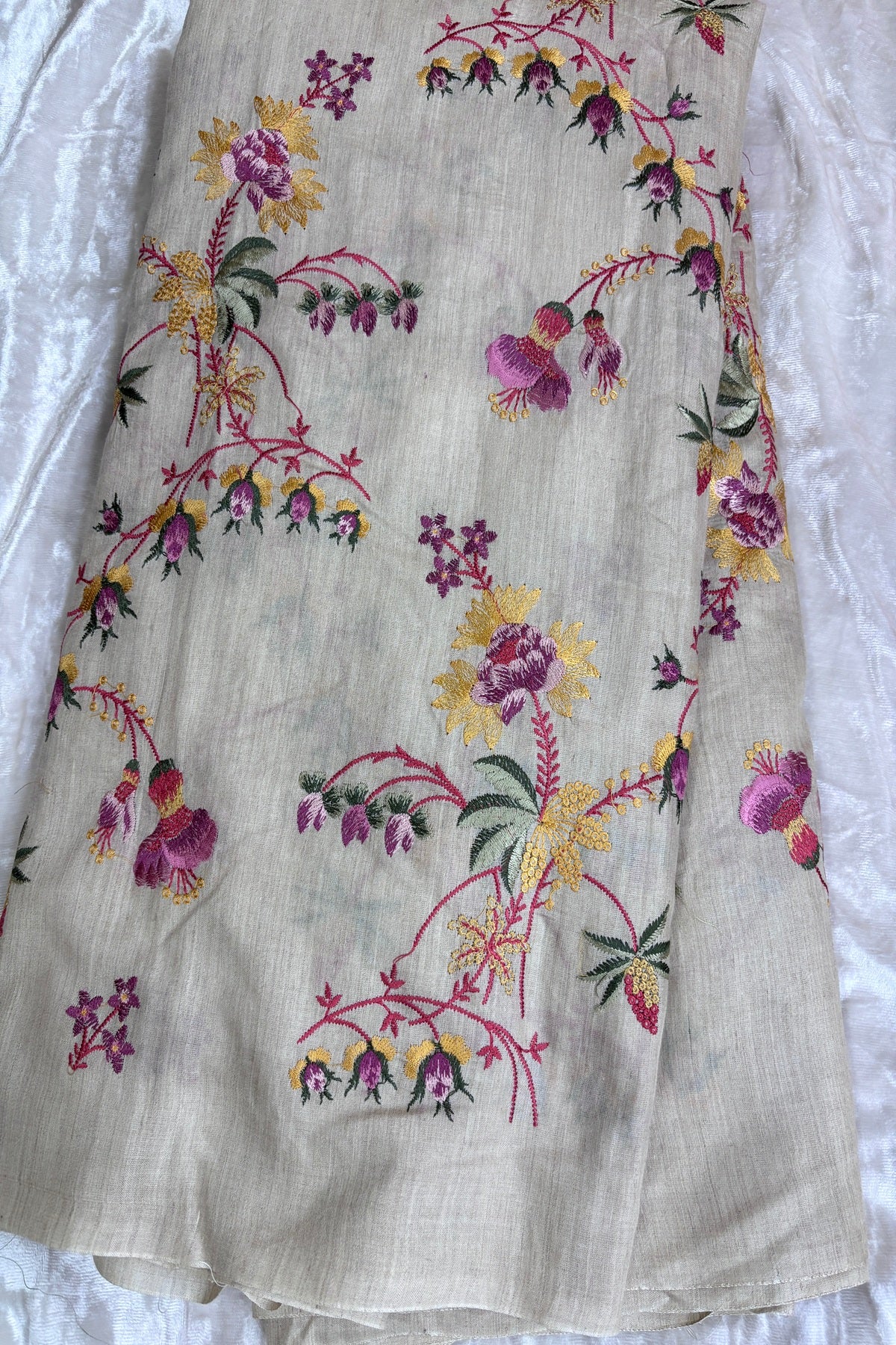 Pink & Yellow Wild Floral Creeper Embroidered Pure Munga Tussar Fabric
