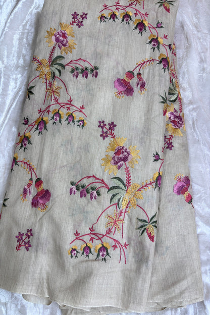 Pink & Yellow Wild Floral Creeper Embroidered Pure Munga Tussar Fabric