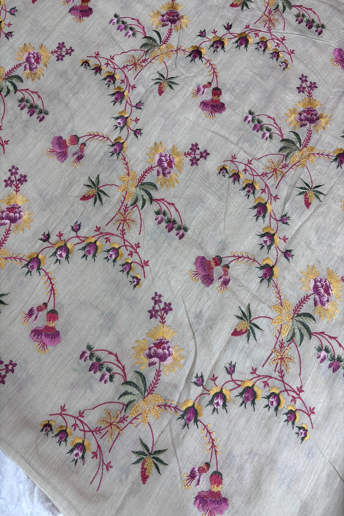 Pink & Yellow Wild Floral Creeper Embroidered Pure Munga Tussar Fabric