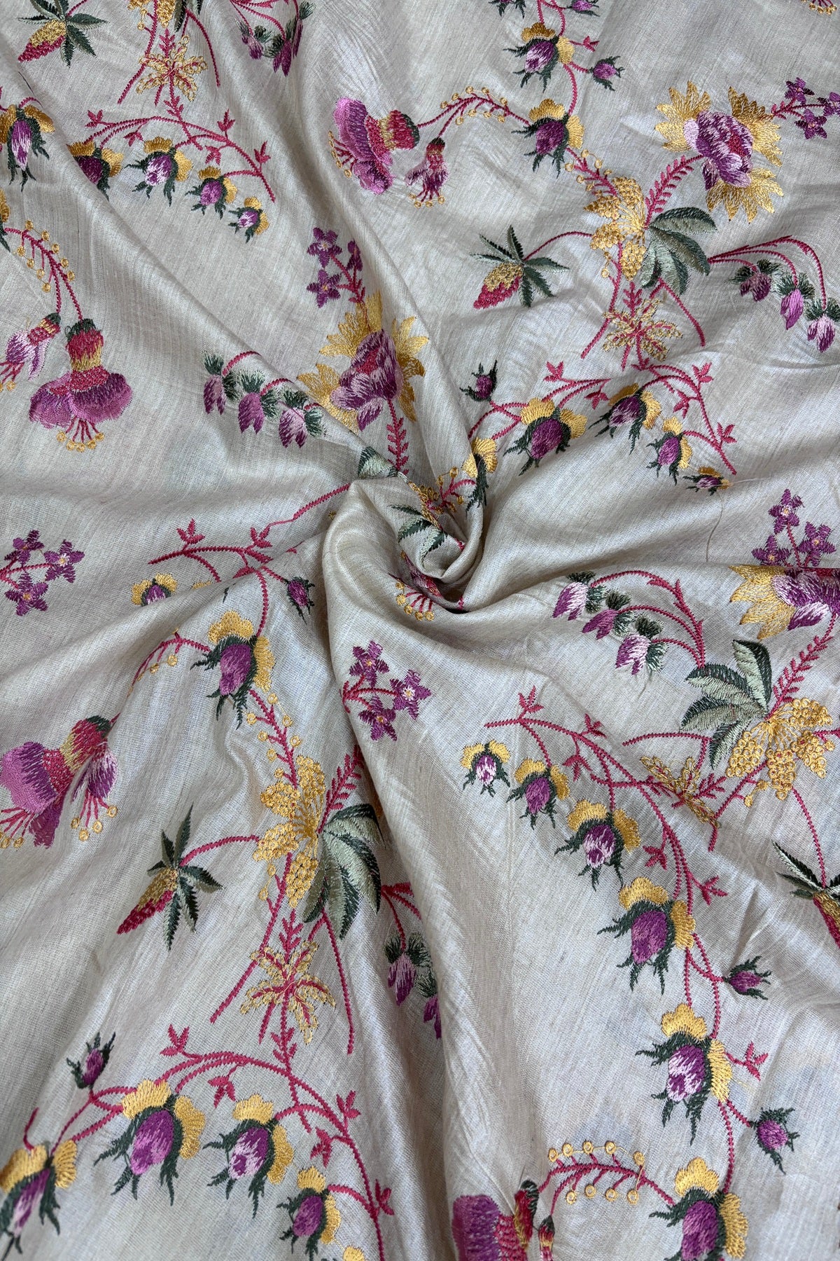 Pink & Yellow Wild Floral Creeper Embroidered Pure Munga Tussar Fabric