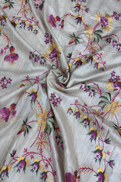 Pink & Yellow Wild Floral Creeper Embroidered Pure Munga Tussar Fabric
