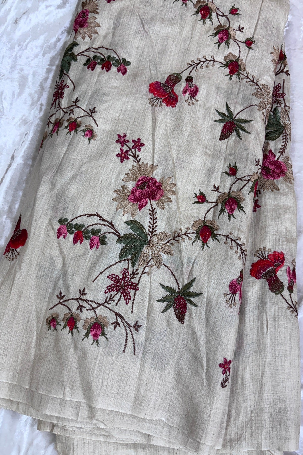 Red & Peach Wild Floral Creeper Embroidered Pure Munga Tussar Fabric