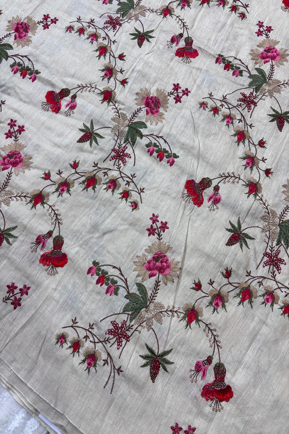 Red & Peach Wild Floral Creeper Embroidered Pure Munga Tussar Fabric