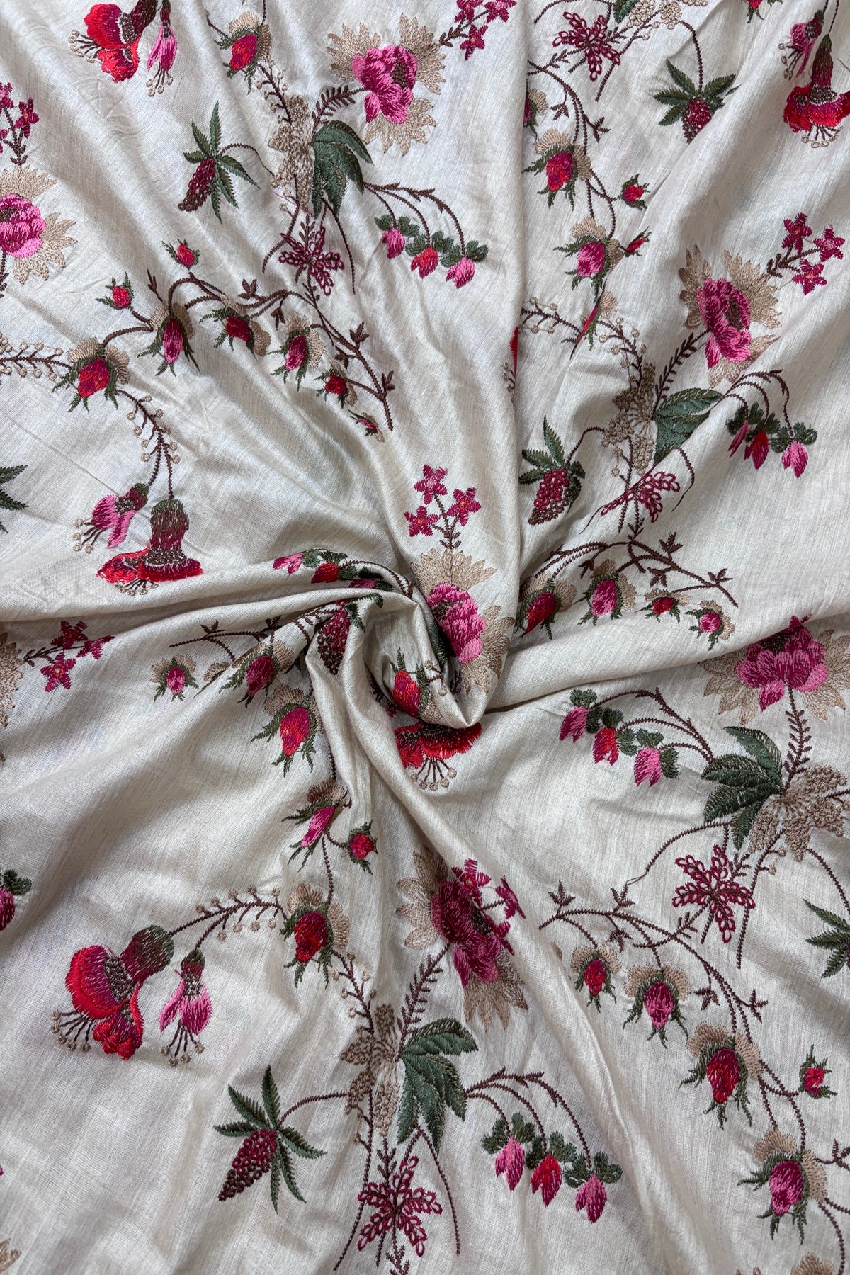 Red & Peach Wild Floral Creeper Embroidered Pure Munga Tussar Fabric