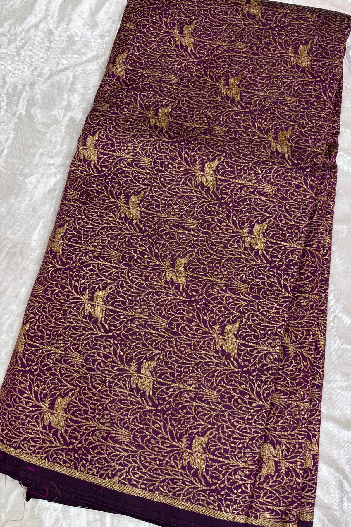Reindeers Forest Themed Woven With Antiq Zari Katan Satin Banaras Fabric