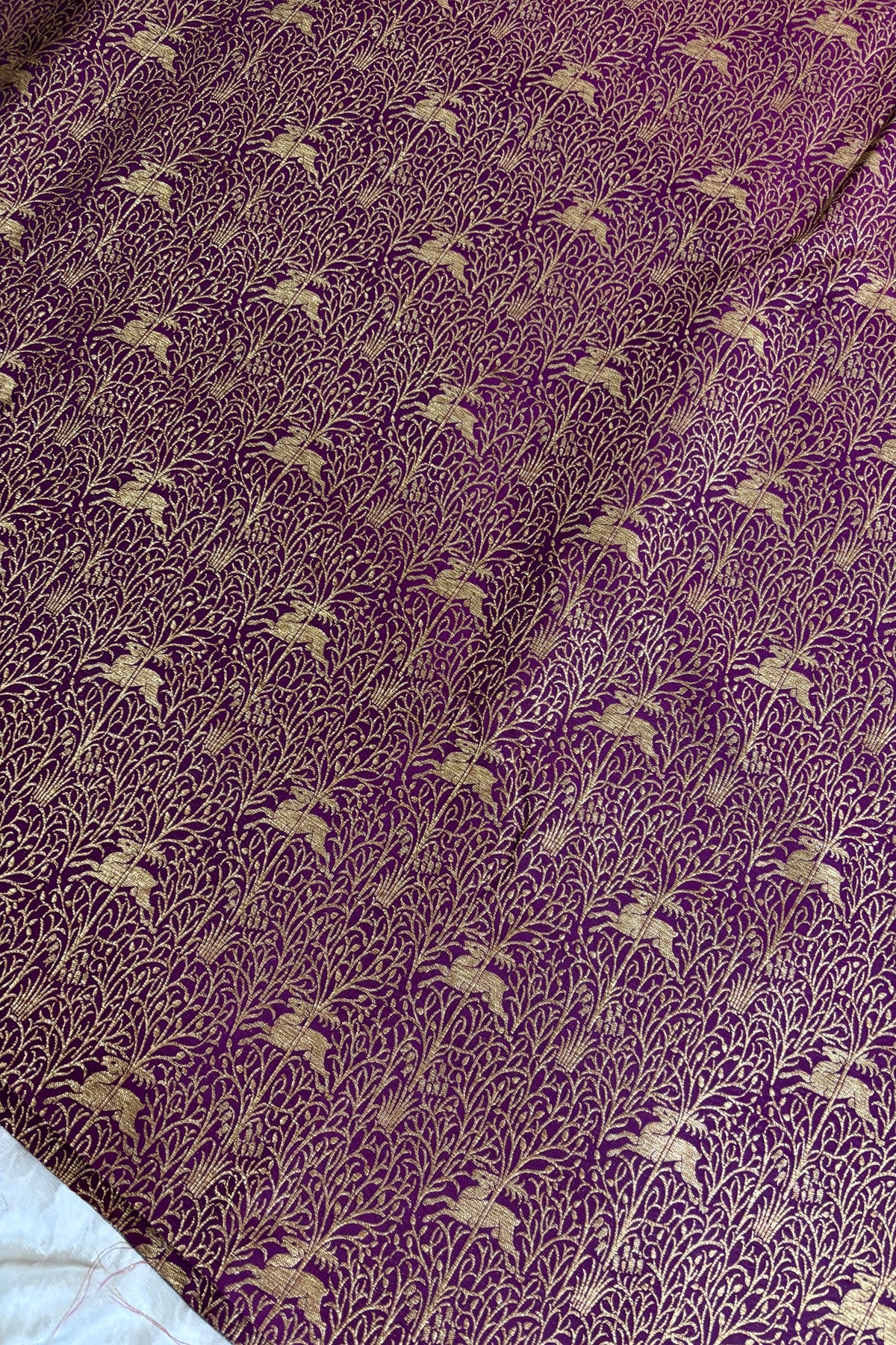 Reindeers Forest Themed Woven With Antiq Zari Katan Satin Banaras Fabric
