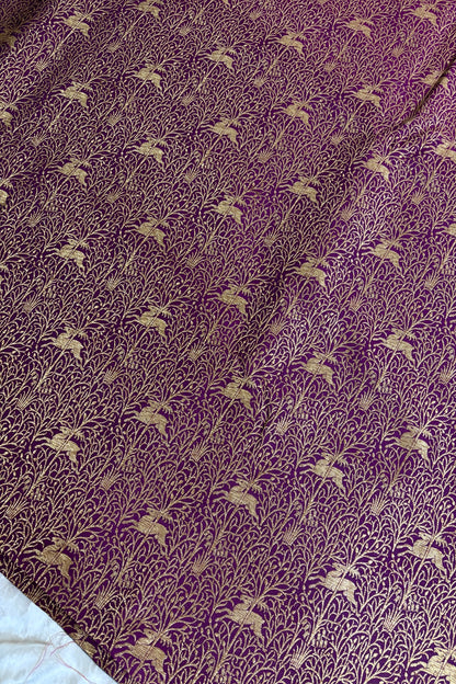 Reindeers Forest Themed Woven With Antiq Zari Katan Satin Banaras Fabric