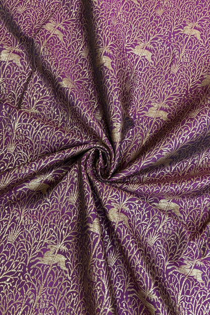 Reindeers Forest Themed Woven With Antiq Zari Katan Satin Banaras Fabric