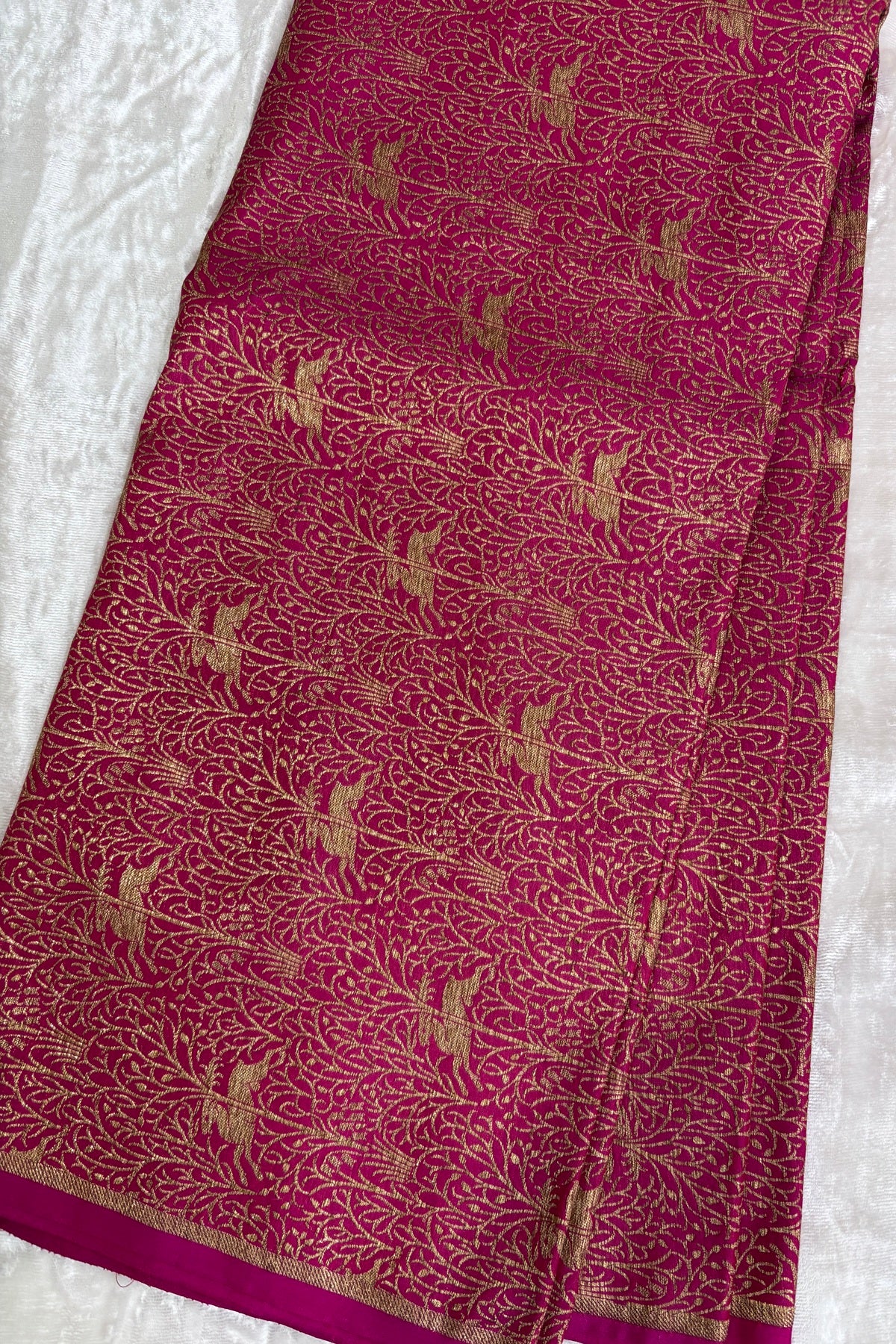 Reindeers Forest Themed Woven With Antiq Zari Katan Satin Banaras Fabric