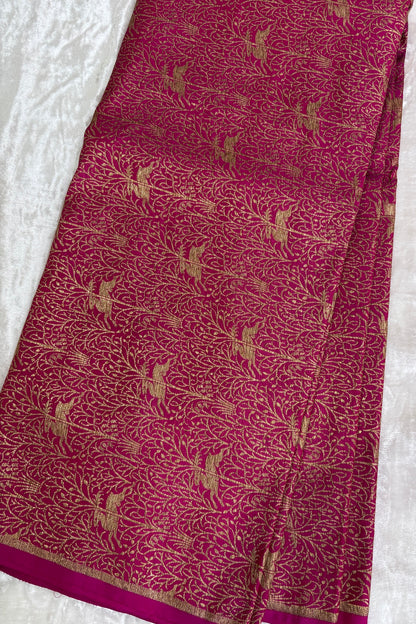 Reindeers Forest Themed Woven With Antiq Zari Katan Satin Banaras Fabric