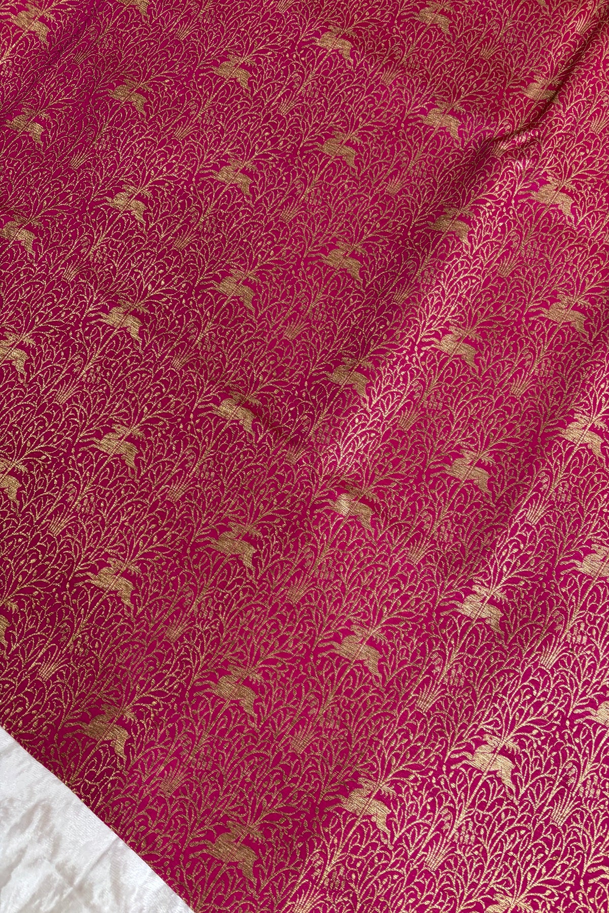 Reindeers Forest Themed Woven With Antiq Zari Katan Satin Banaras Fabric