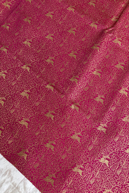 Reindeers Forest Themed Woven With Antiq Zari Katan Satin Banaras Fabric