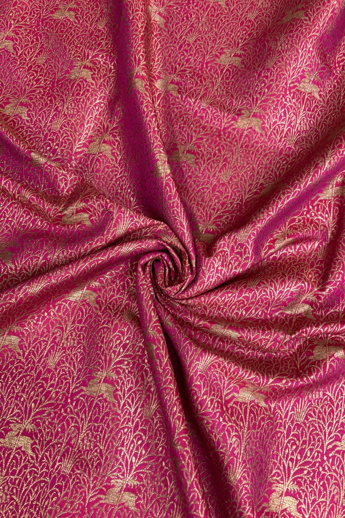 Reindeers Forest Themed Woven With Antiq Zari Katan Satin Banaras Fabric