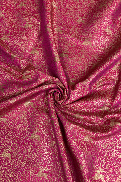 Reindeers Forest Themed Woven With Antiq Zari Katan Satin Banaras Fabric