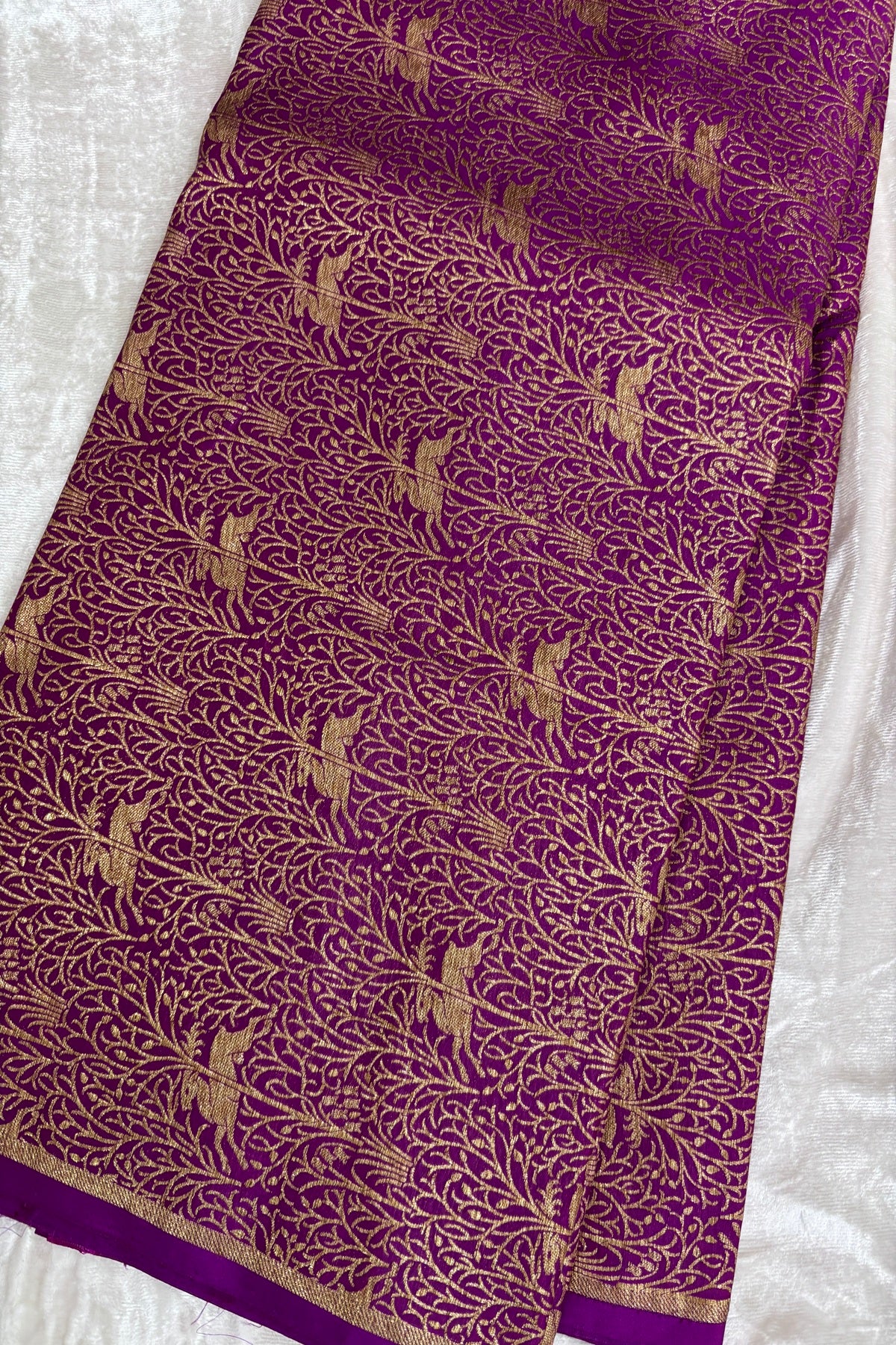 Reindeers Forest Themed Woven With Antiq Zari Katan Satin Banaras Fabric