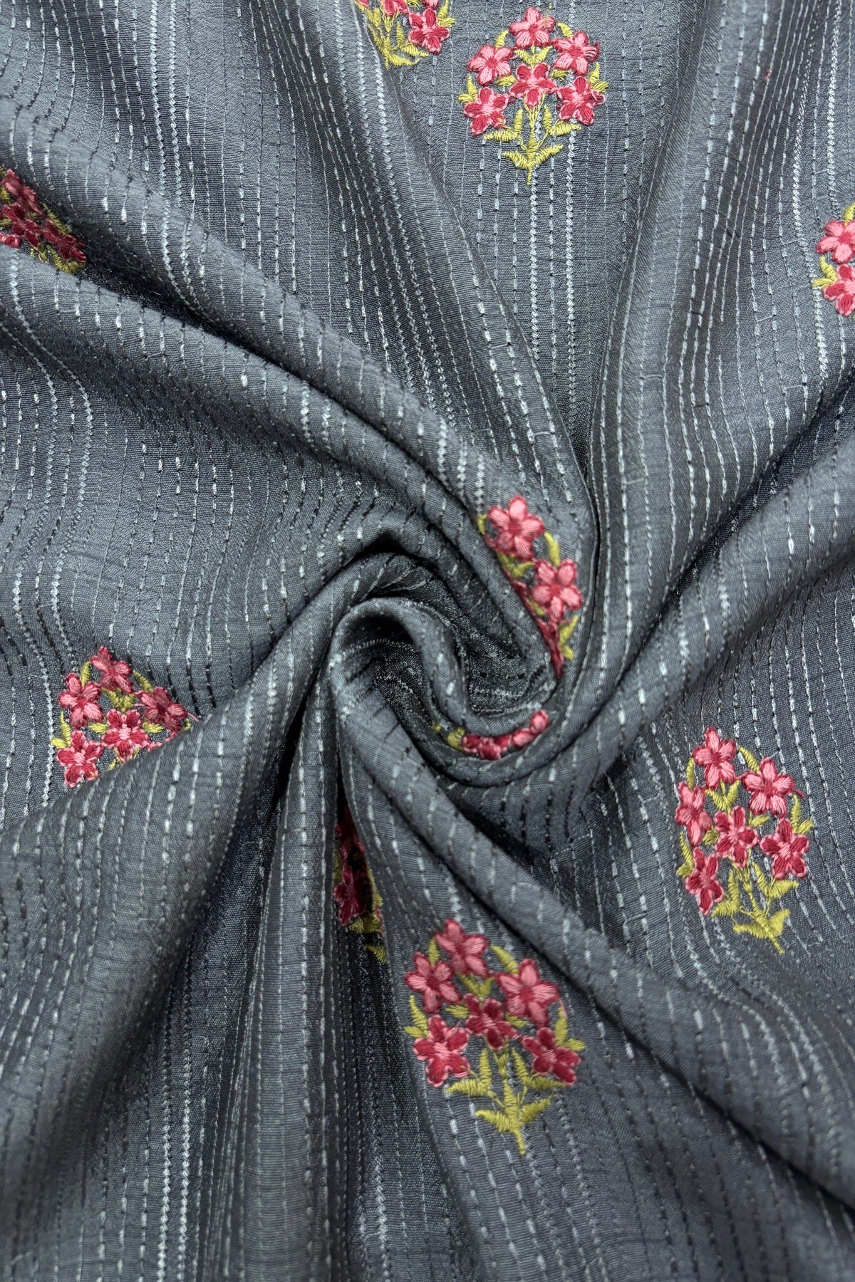 Mini Floral Embroidery With Self Striped Falling RawSilk Fabric