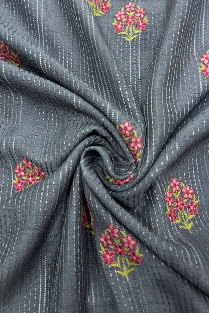 Mini Floral Embroidery With Self Striped Falling RawSilk Fabric