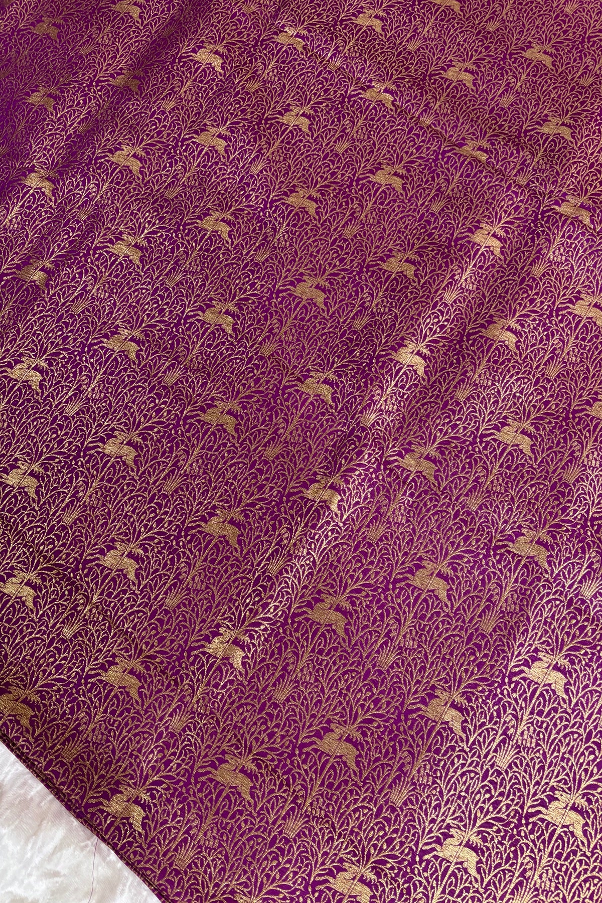 Reindeers Forest Themed Woven With Antiq Zari Katan Satin Banaras Fabric
