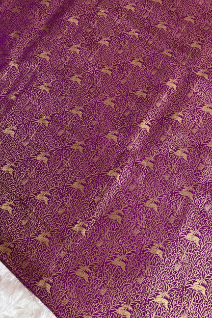 Reindeers Forest Themed Woven With Antiq Zari Katan Satin Banaras Fabric